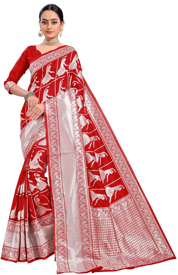 Red_Banarasi_Silk_Blend_Jacquard_Woven_Saree_For_Women_|_With_Blouse_Piece