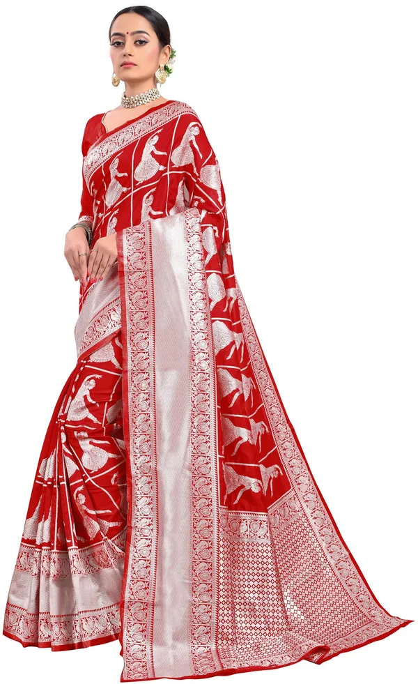 Red_Banarasi_Silk_Blend_Jacquard_Woven_Saree_For_Women_|_With_Blouse_Piece