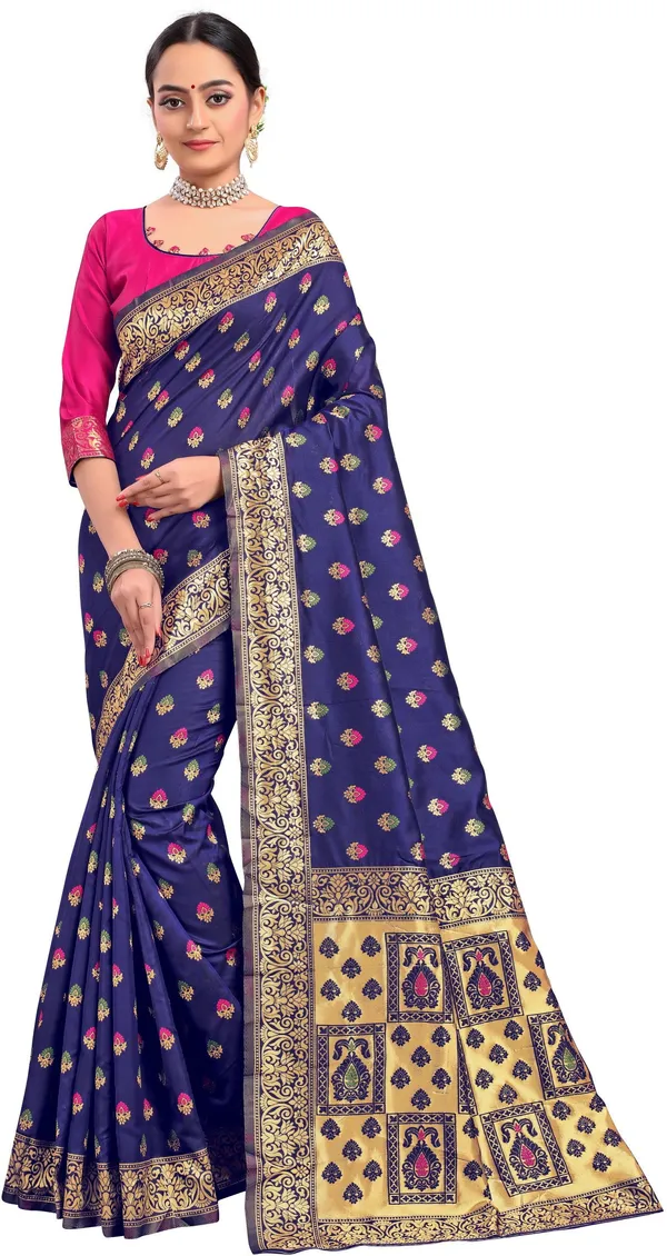 Dark_Blue_Banarasi_Silk_Blend_Jacquard_Woven_Saree_For_Women_|_With_Blouse_Piece