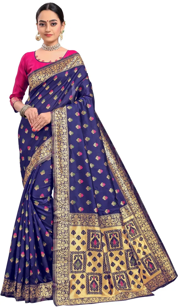 Dark_Blue_Banarasi_Silk_Blend_Jacquard_Woven_Saree_For_Women_|_With_Blouse_Piece