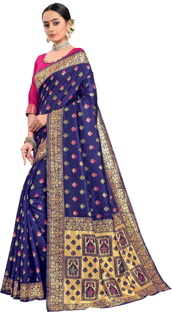 Dark_Blue_Banarasi_Silk_Blend_Jacquard_Woven_Saree_For_Women_|_With_Blouse_Piece