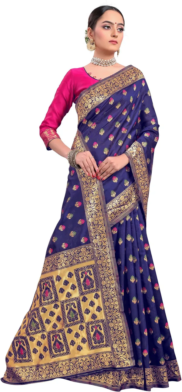 Dark_Blue_Banarasi_Silk_Blend_Jacquard_Woven_Saree_For_Women_|_With_Blouse_Piece
