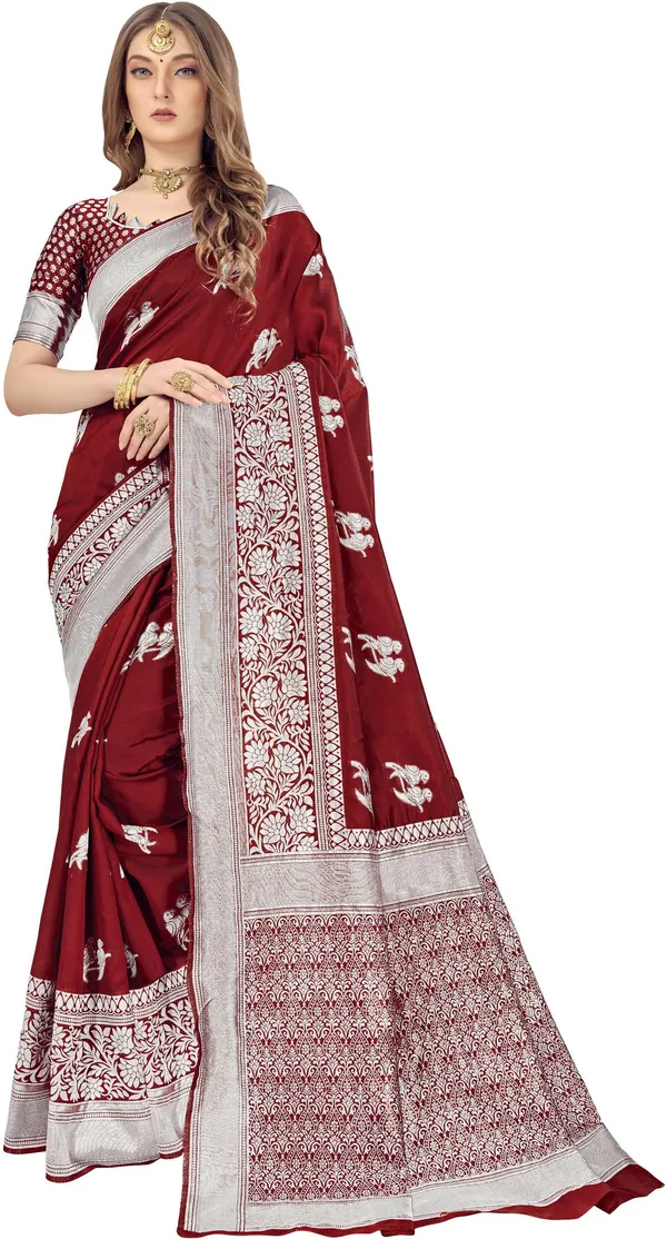 Maroon_Banarasi_Silk_Blend_Woven_Jacquard_Saree_For_Women_|_With_Blouse_Piece