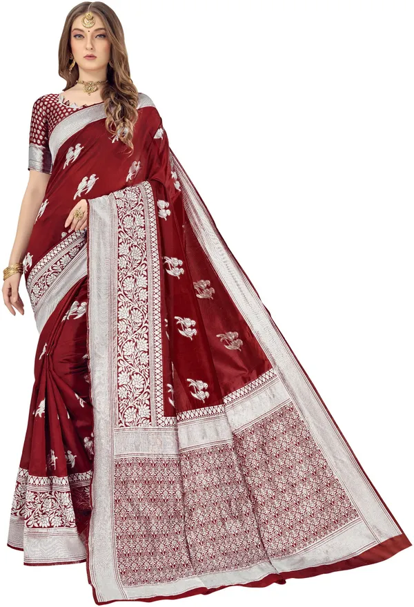 Maroon_Banarasi_Silk_Blend_Woven_Jacquard_Saree_For_Women_|_With_Blouse_Piece