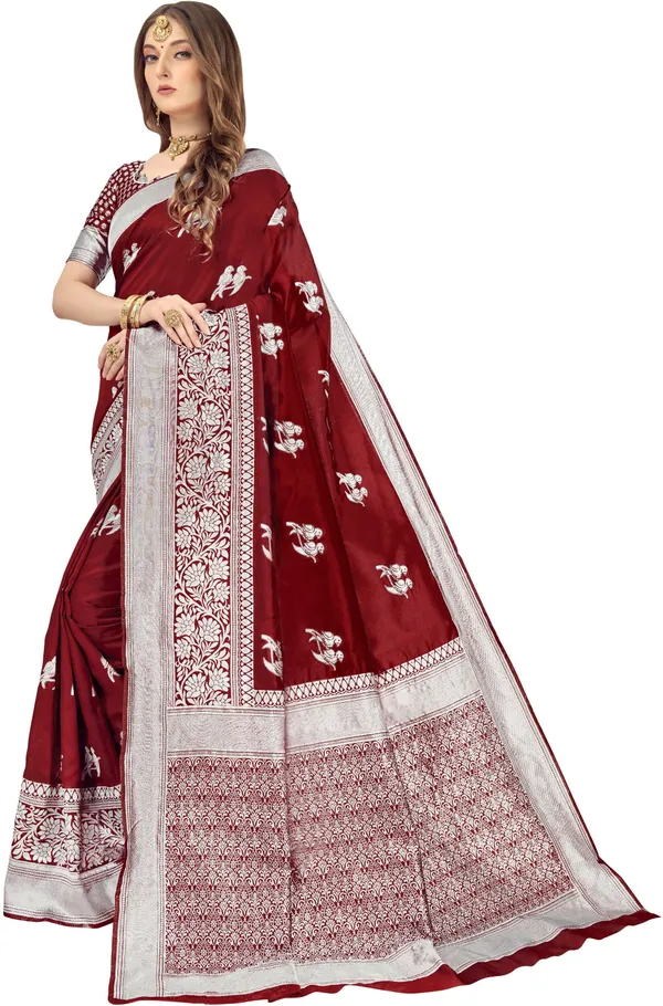 Maroon_Banarasi_Silk_Blend_Woven_Jacquard_Saree_For_Women_|_With_Blouse_Piece