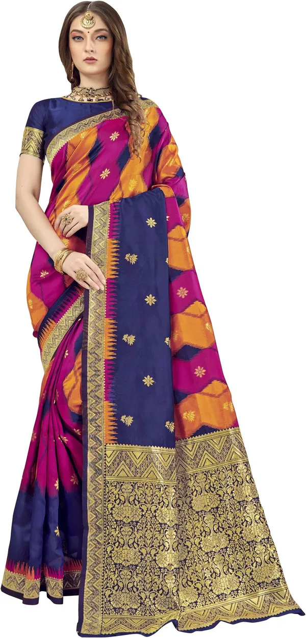 Dark_Blue_Georgette_Ikkat_Leheriya_Banarasi_Jacquard_Saree_For_Women_|_With_Blouse_Piece
