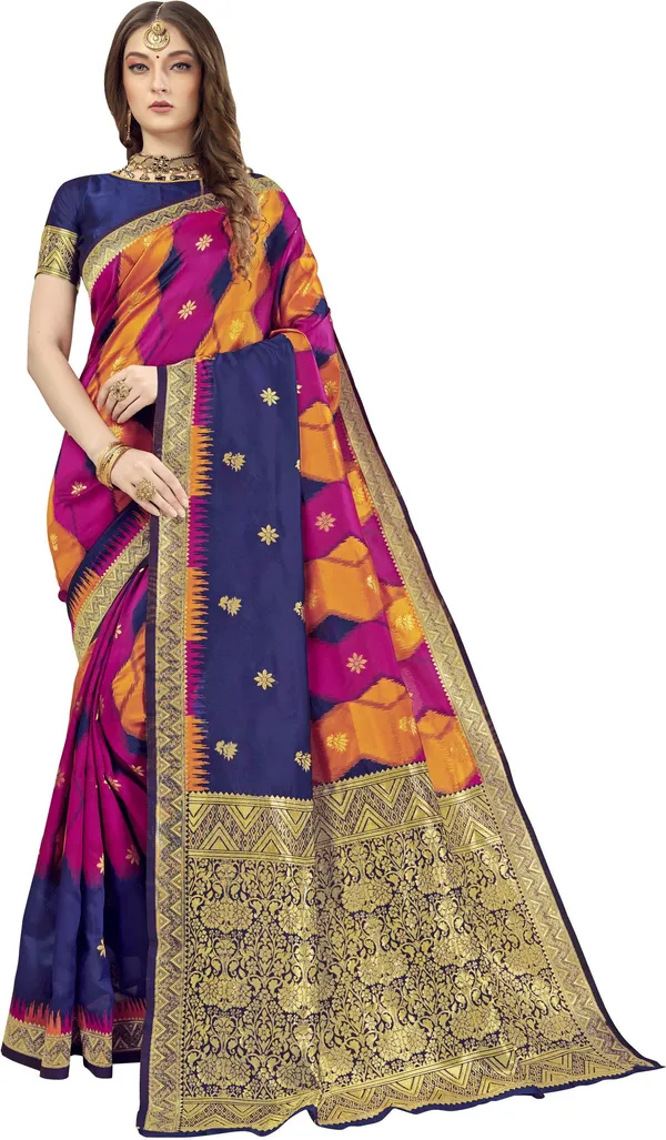 Dark_Blue_Georgette_Ikkat_Leheriya_Banarasi_Jacquard_Saree_For_Women_|_With_Blouse_Piece