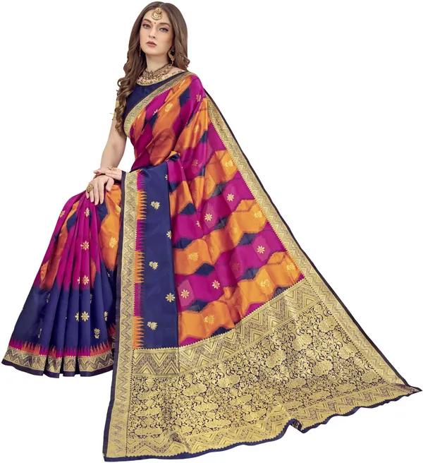 Dark_Blue_Georgette_Ikkat_Leheriya_Banarasi_Jacquard_Saree_For_Women_|_With_Blouse_Piece