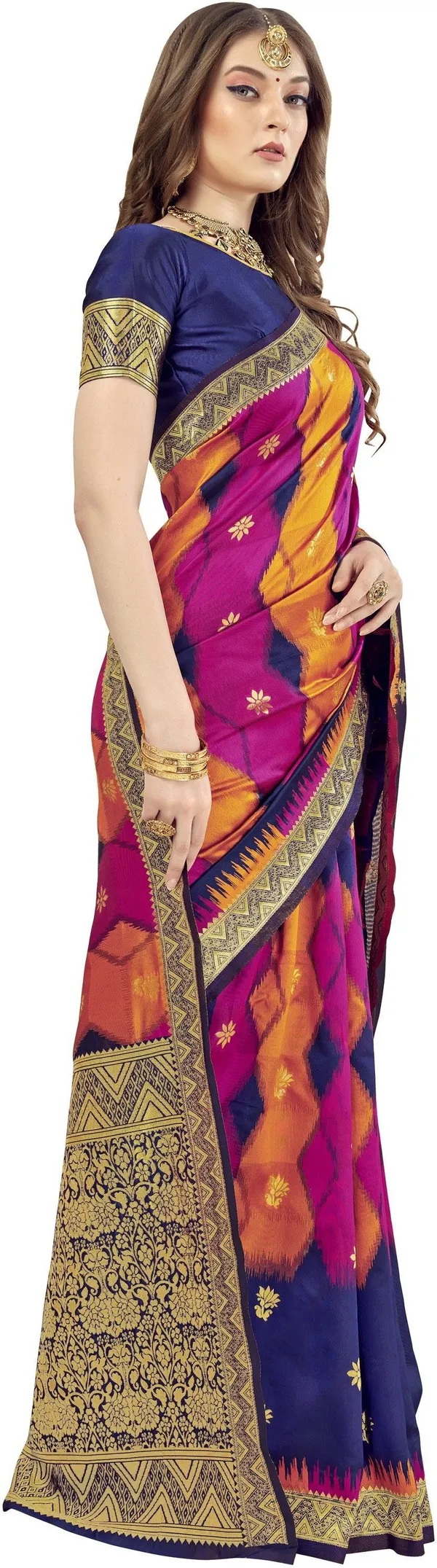 Dark_Blue_Georgette_Ikkat_Leheriya_Banarasi_Jacquard_Saree_For_Women_|_With_Blouse_Piece