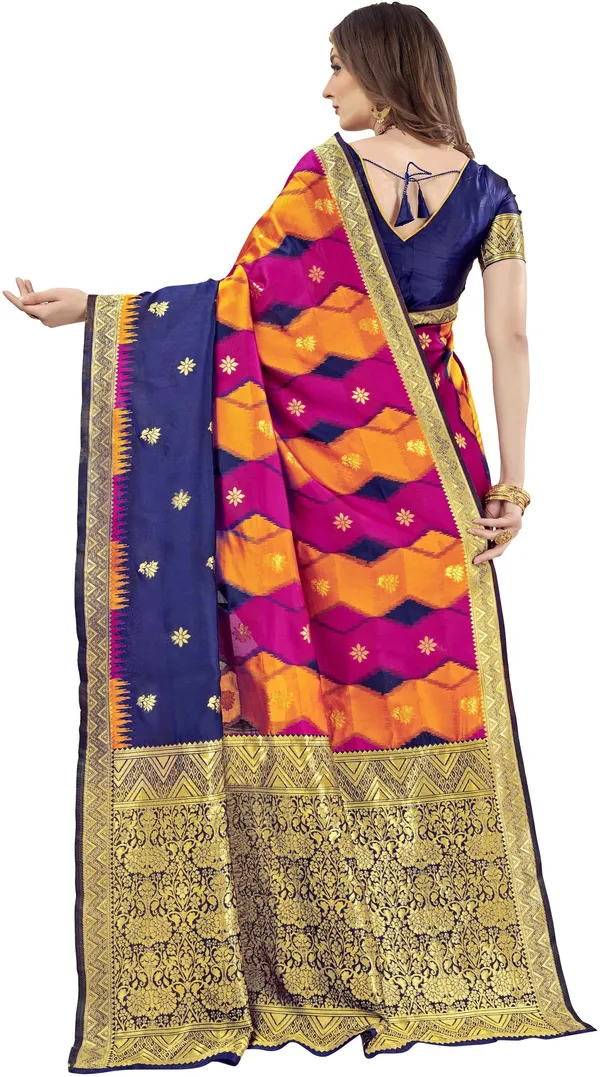 Dark_Blue_Georgette_Ikkat_Leheriya_Banarasi_Jacquard_Saree_For_Women_|_With_Blouse_Piece