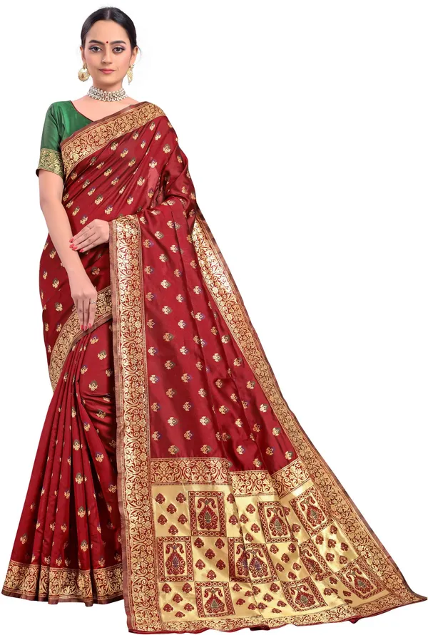 Maroon_Banarasi_Silk_Blend_Woven_Jacquard_Saree_For_Women_|_With_Blouse_Piece