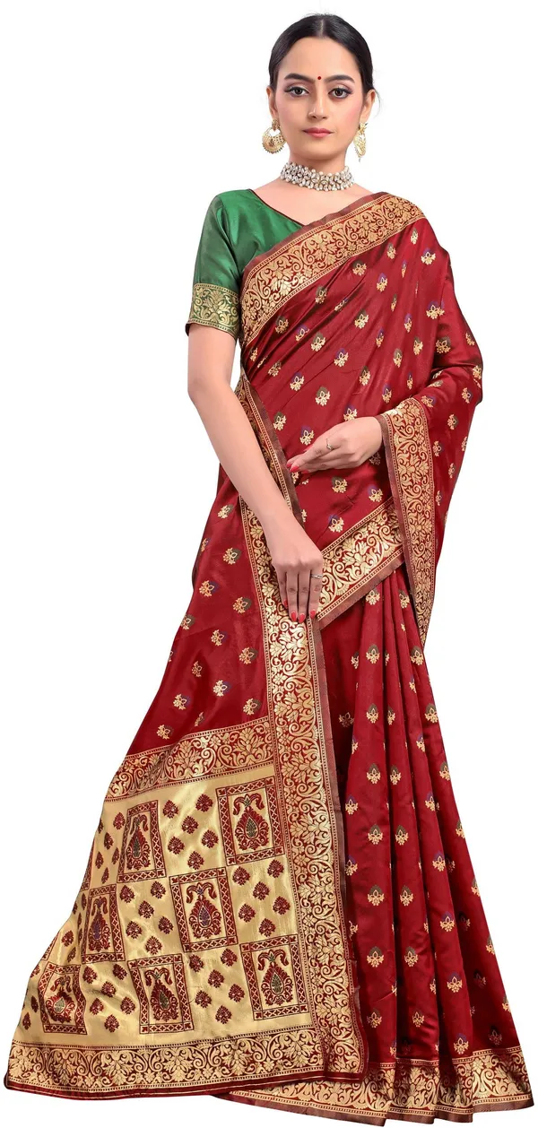 Maroon_Banarasi_Silk_Blend_Woven_Jacquard_Saree_For_Women_|_With_Blouse_Piece