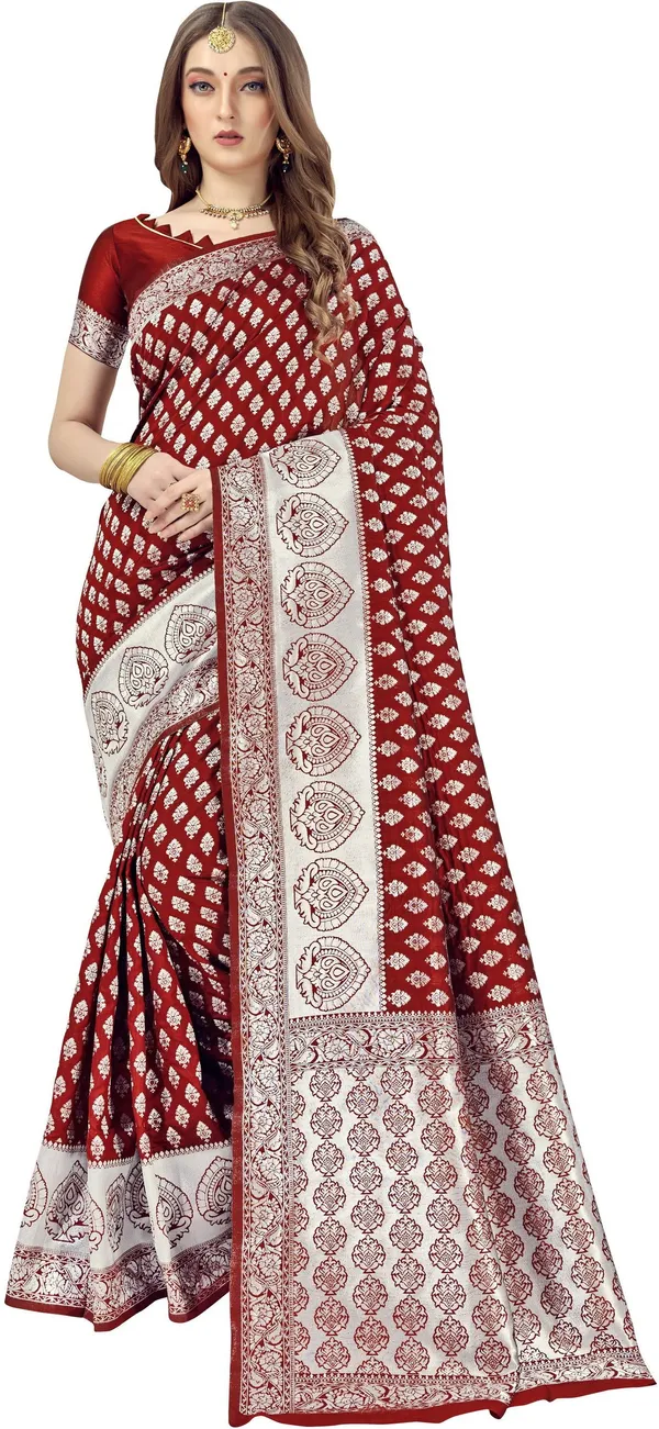 Maroon_Banarasi_Silk_Blend_Silver_Zari_Woven_Jacquard_Saree_For_Women_|_With_Blouse_Piece