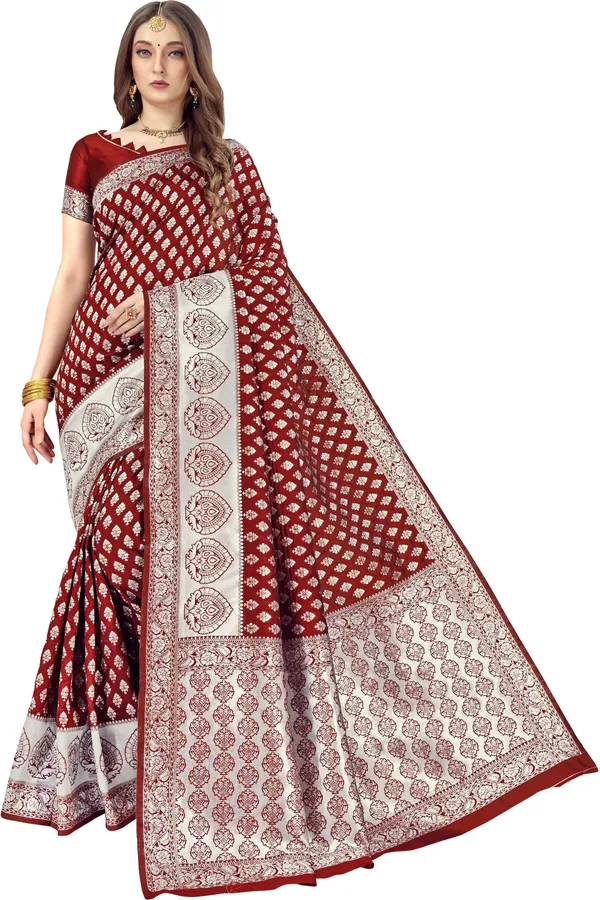 Maroon_Banarasi_Silk_Blend_Silver_Zari_Woven_Jacquard_Saree_For_Women_|_With_Blouse_Piece