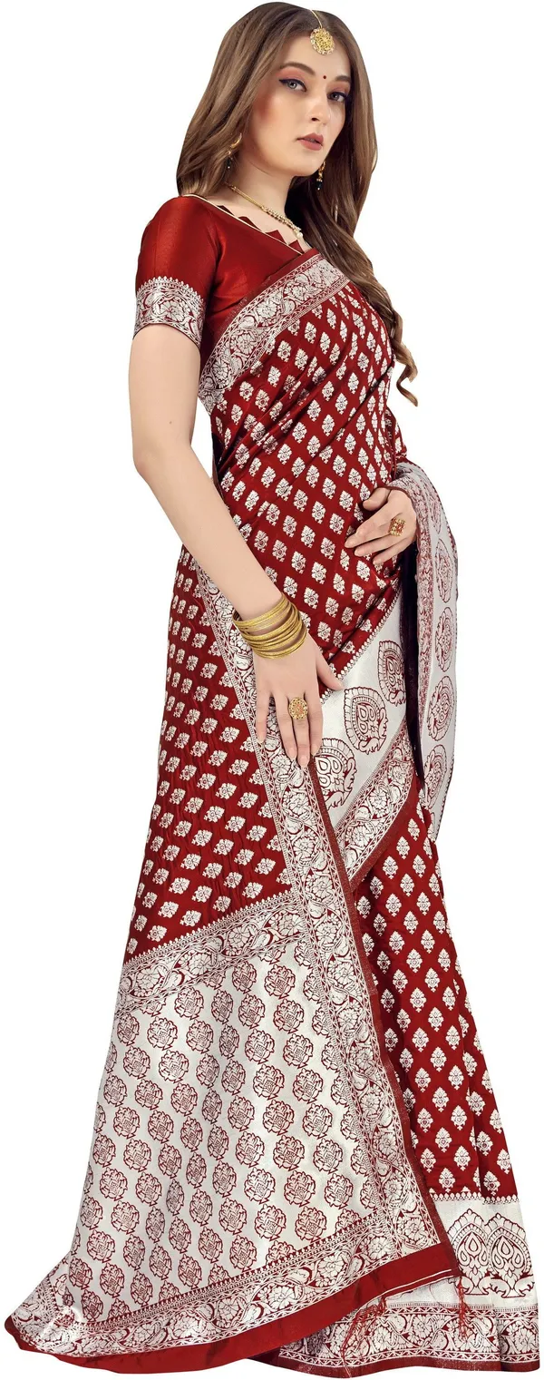 Maroon_Banarasi_Silk_Blend_Silver_Zari_Woven_Jacquard_Saree_For_Women_|_With_Blouse_Piece