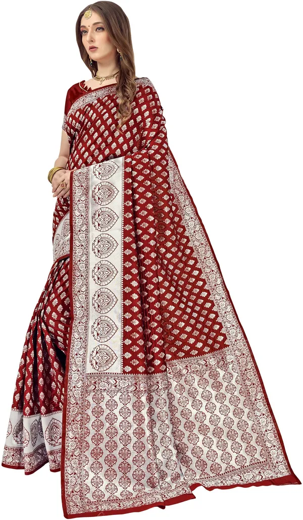 Maroon_Banarasi_Silk_Blend_Silver_Zari_Woven_Jacquard_Saree_For_Women_|_With_Blouse_Piece