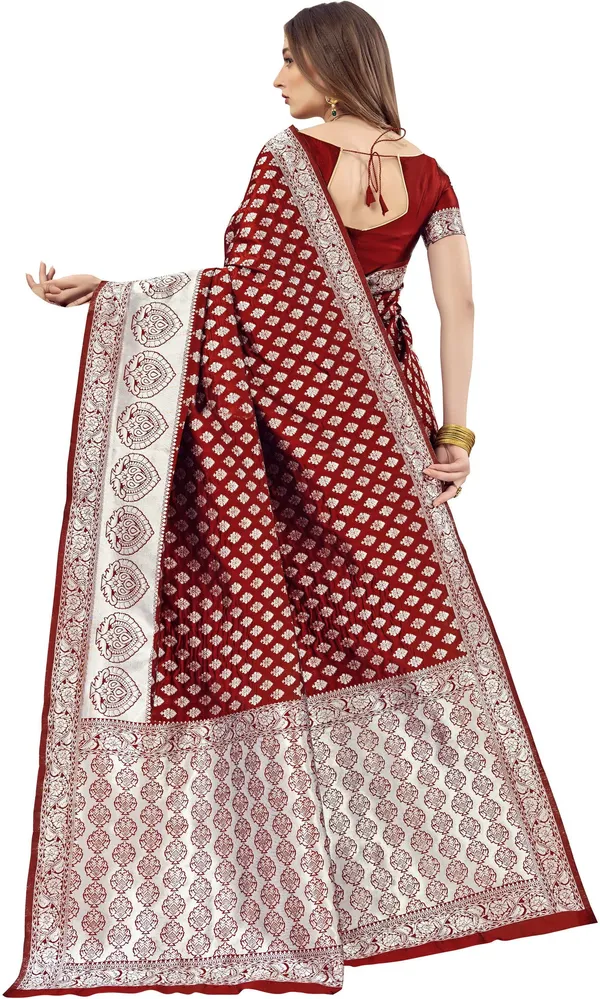 Maroon_Banarasi_Silk_Blend_Silver_Zari_Woven_Jacquard_Saree_For_Women_|_With_Blouse_Piece