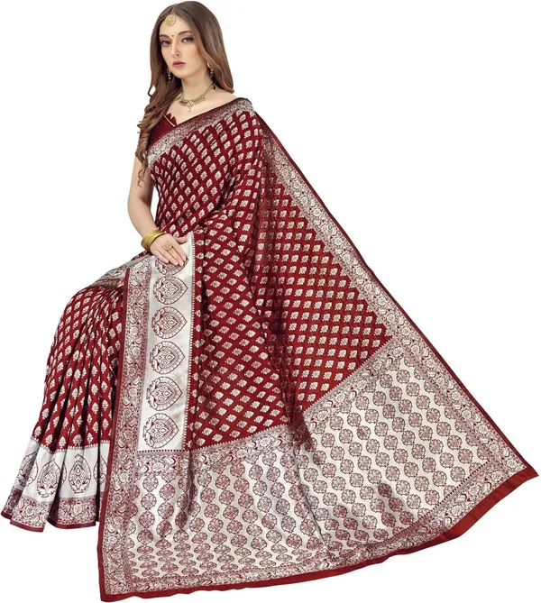 Maroon_Banarasi_Silk_Blend_Silver_Zari_Woven_Jacquard_Saree_For_Women_|_With_Blouse_Piece