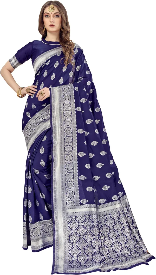 Dark_Blue_Banarasi_Silk_Blend_Silver_Zari_Jacquard_Woven_Saree_For_Women_|_With_Blouse_Piece