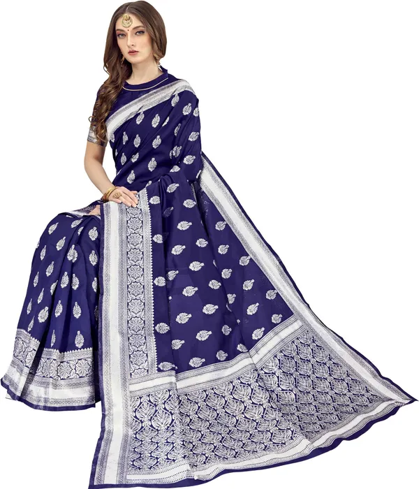 Dark_Blue_Banarasi_Silk_Blend_Silver_Zari_Jacquard_Woven_Saree_For_Women_|_With_Blouse_Piece