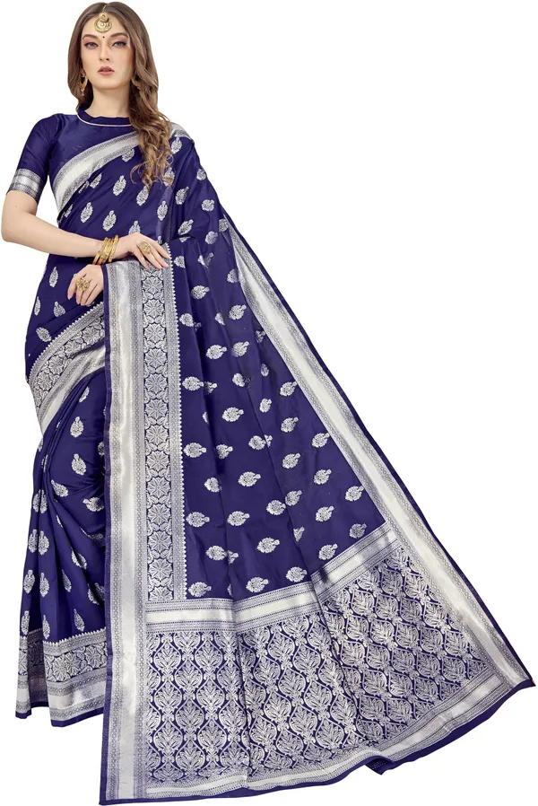 Dark_Blue_Banarasi_Silk_Blend_Silver_Zari_Jacquard_Woven_Saree_For_Women_|_With_Blouse_Piece
