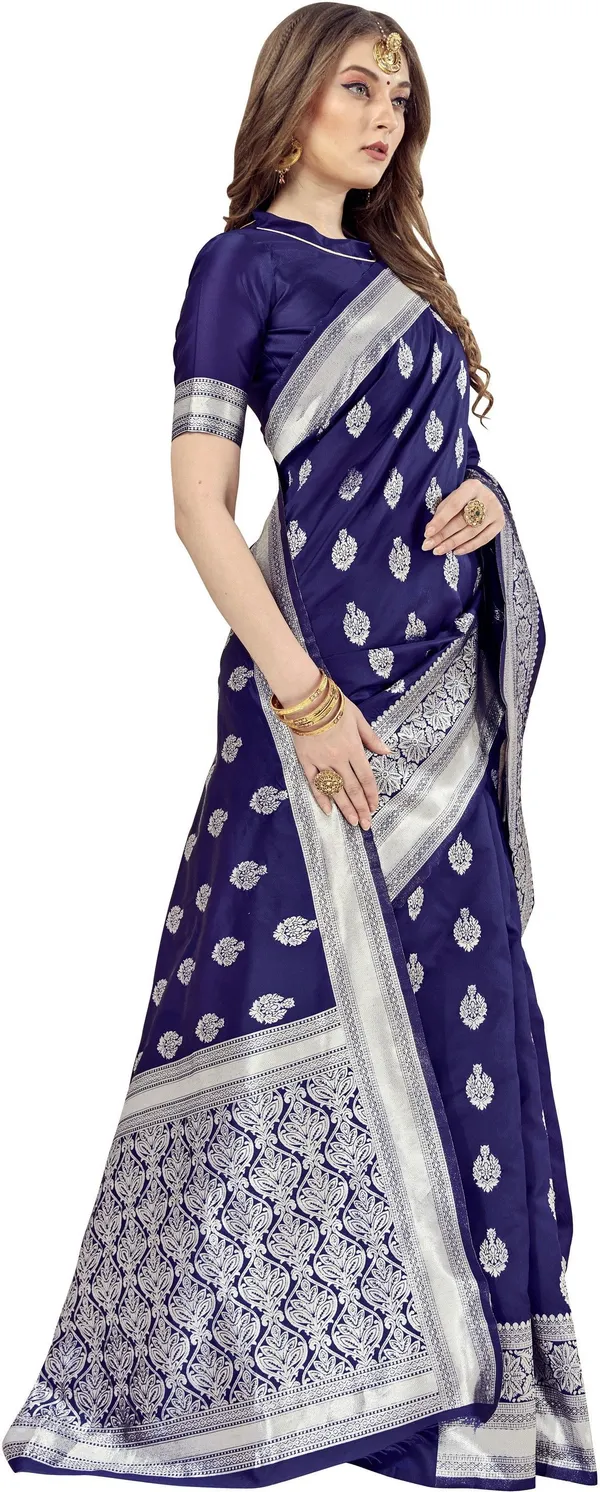 Dark_Blue_Banarasi_Silk_Blend_Silver_Zari_Jacquard_Woven_Saree_For_Women_|_With_Blouse_Piece
