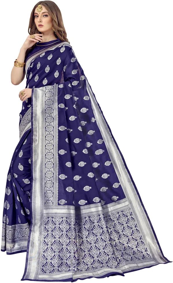 Dark_Blue_Banarasi_Silk_Blend_Silver_Zari_Jacquard_Woven_Saree_For_Women_|_With_Blouse_Piece