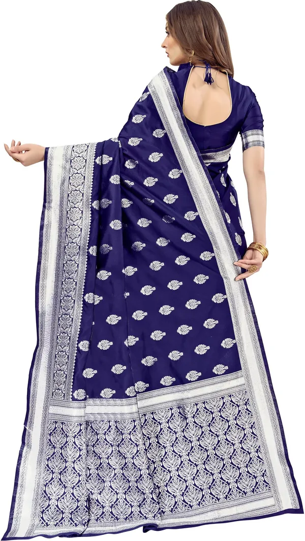 Dark_Blue_Banarasi_Silk_Blend_Silver_Zari_Jacquard_Woven_Saree_For_Women_|_With_Blouse_Piece