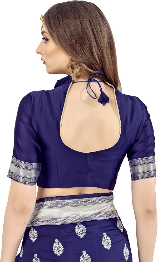 Dark_Blue_Banarasi_Silk_Blend_Silver_Zari_Jacquard_Woven_Saree_For_Women_|_With_Blouse_Piece