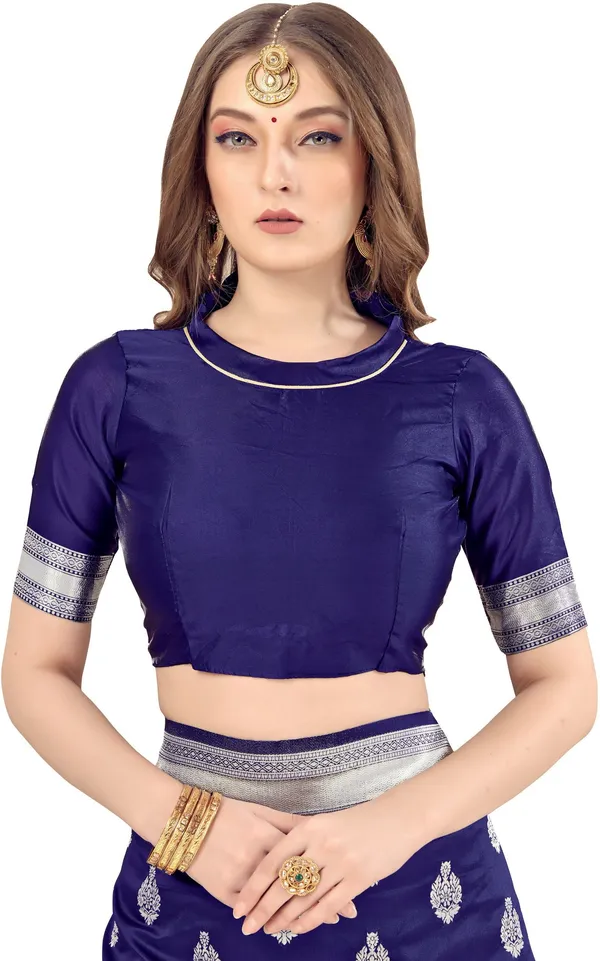 Dark_Blue_Banarasi_Silk_Blend_Silver_Zari_Jacquard_Woven_Saree_For_Women_|_With_Blouse_Piece