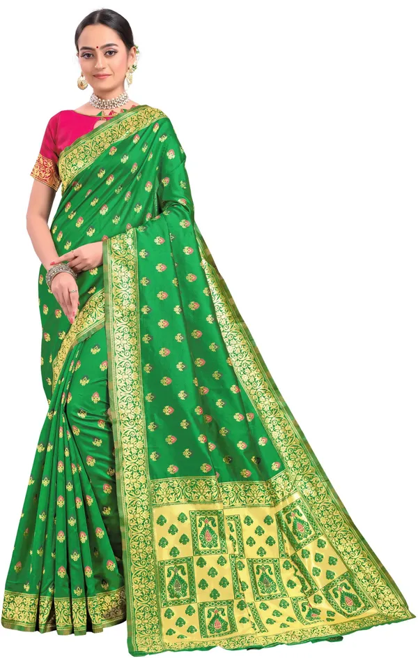 Green_Banarasi_Silk_Blend_Jacquard_Woven_Saree_For_Women_|_With_Blouse_Piece