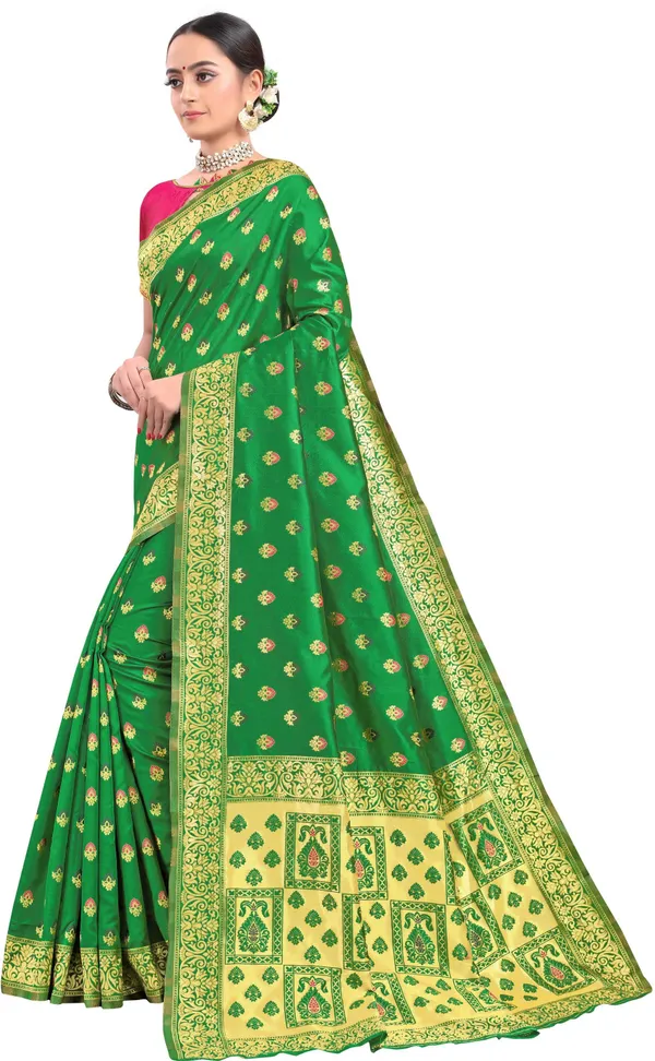 Green_Banarasi_Silk_Blend_Jacquard_Woven_Saree_For_Women_|_With_Blouse_Piece