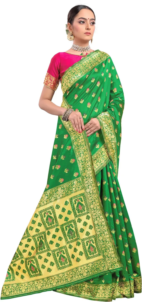 Green_Banarasi_Silk_Blend_Jacquard_Woven_Saree_For_Women_|_With_Blouse_Piece