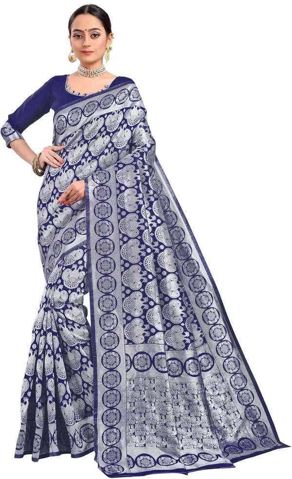 Sariya_Silver_Dark_Blue_Banarasi_Silk_Blend_Jacquard_Woven_Saree_For_Women_|_With_Blouse_Piece