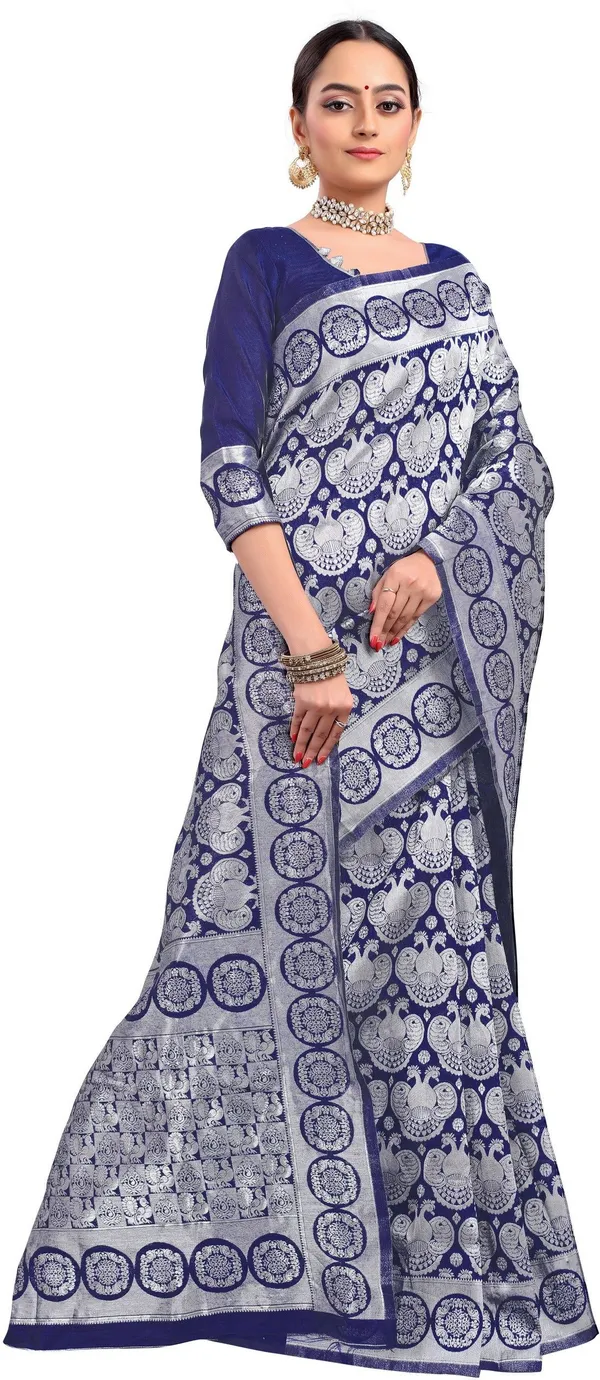 Sariya_Silver_Dark_Blue_Banarasi_Silk_Blend_Jacquard_Woven_Saree_For_Women_|_With_Blouse_Piece