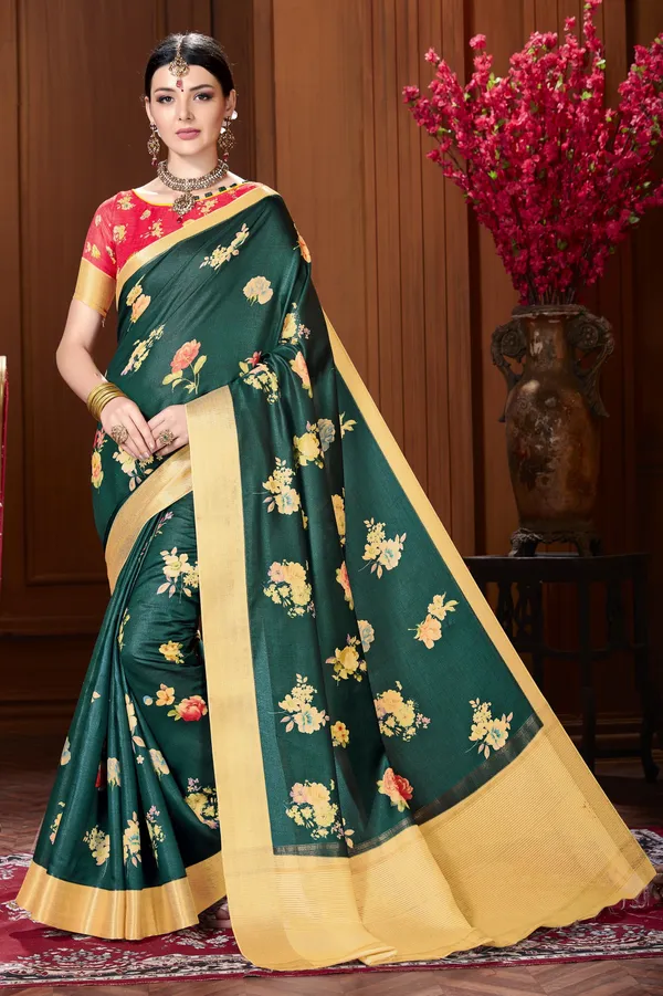 Dark_Green_Banarasi_Silk_Blend_Digital_Print_Saree_For_Women_|_With_Blouse_Piece
