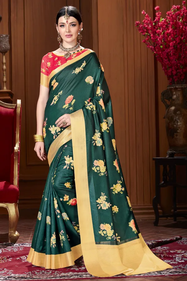 Dark_Green_Banarasi_Silk_Blend_Digital_Print_Saree_For_Women_|_With_Blouse_Piece