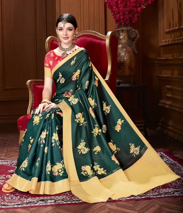 Dark_Green_Banarasi_Silk_Blend_Digital_Print_Saree_For_Women_|_With_Blouse_Piece