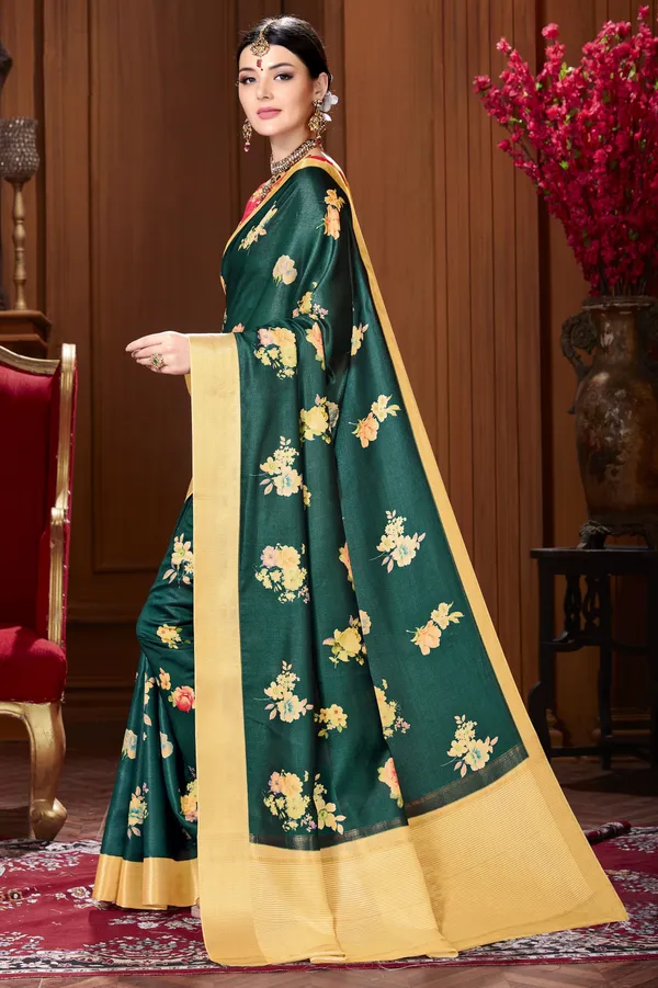Dark_Green_Banarasi_Silk_Blend_Digital_Print_Saree_For_Women_|_With_Blouse_Piece
