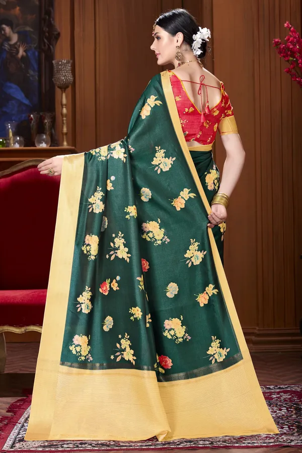 Dark_Green_Banarasi_Silk_Blend_Digital_Print_Saree_For_Women_|_With_Blouse_Piece