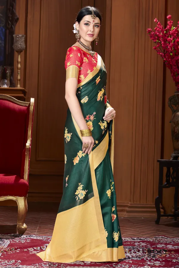 Dark_Green_Banarasi_Silk_Blend_Digital_Print_Saree_For_Women_|_With_Blouse_Piece