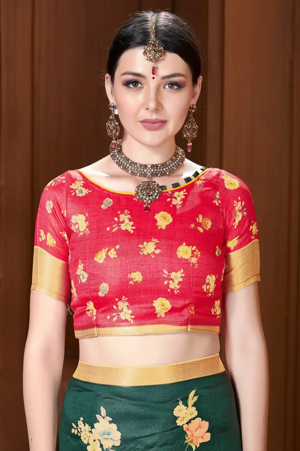 Dark_Green_Banarasi_Silk_Blend_Digital_Print_Saree_For_Women_|_With_Blouse_Piece