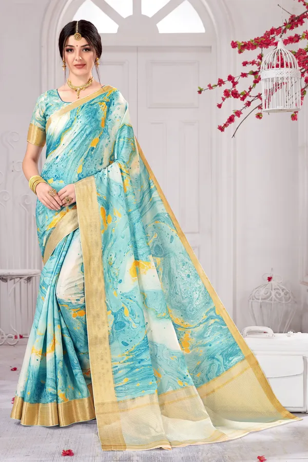 Light_Blue_Banarasi_Silk_Blend_Jacquard_Digital_Print_Saree_For_Women_|_With_Blouse_Piece