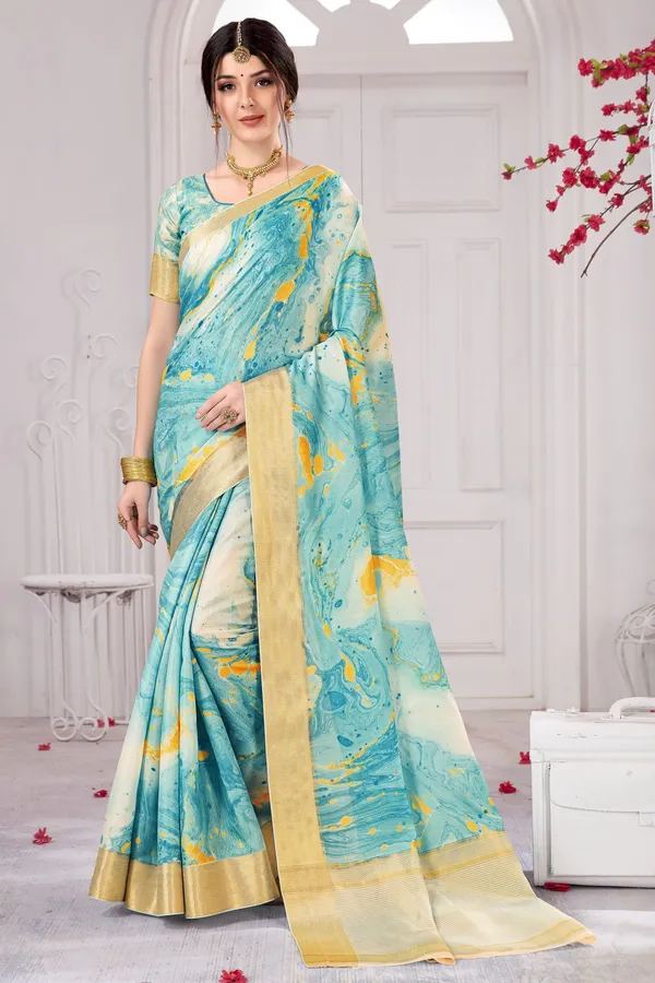 Light_Blue_Banarasi_Silk_Blend_Jacquard_Digital_Print_Saree_For_Women_|_With_Blouse_Piece