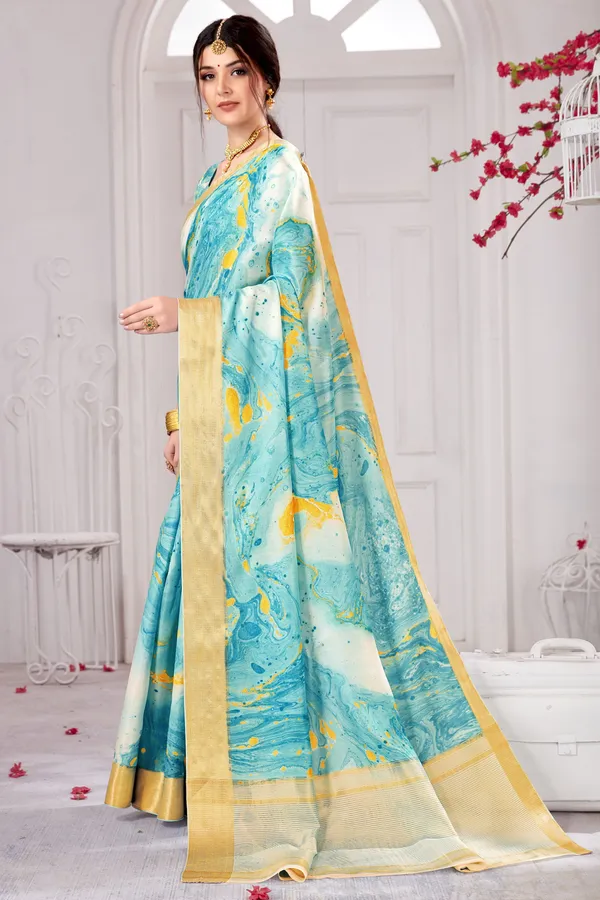 Light_Blue_Banarasi_Silk_Blend_Jacquard_Digital_Print_Saree_For_Women_|_With_Blouse_Piece