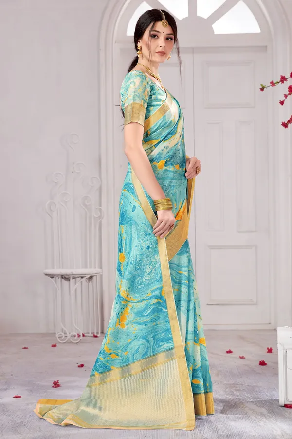 Light_Blue_Banarasi_Silk_Blend_Jacquard_Digital_Print_Saree_For_Women_|_With_Blouse_Piece