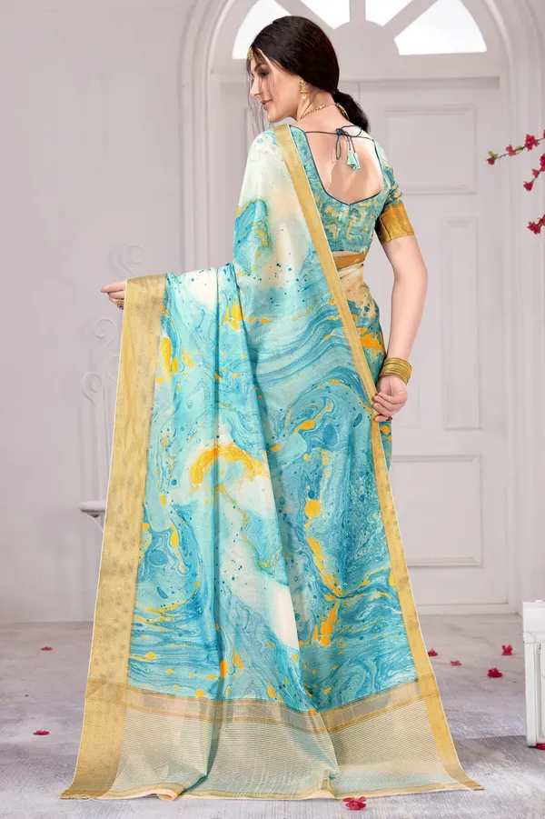 Light_Blue_Banarasi_Silk_Blend_Jacquard_Digital_Print_Saree_For_Women_|_With_Blouse_Piece