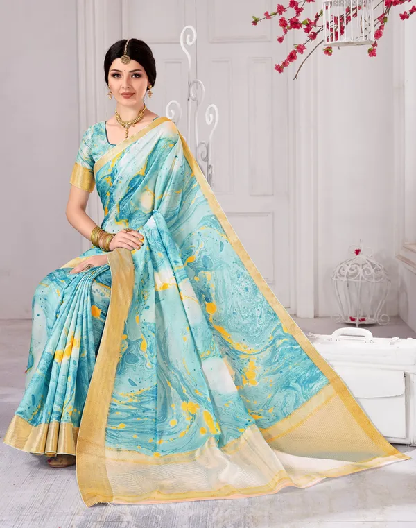 Light_Blue_Banarasi_Silk_Blend_Jacquard_Digital_Print_Saree_For_Women_|_With_Blouse_Piece