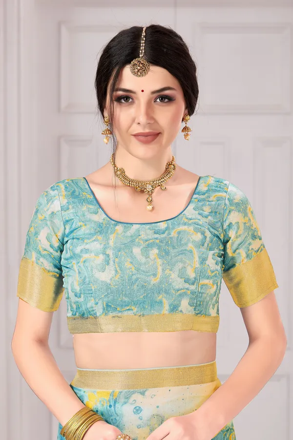 Light_Blue_Banarasi_Silk_Blend_Jacquard_Digital_Print_Saree_For_Women_|_With_Blouse_Piece
