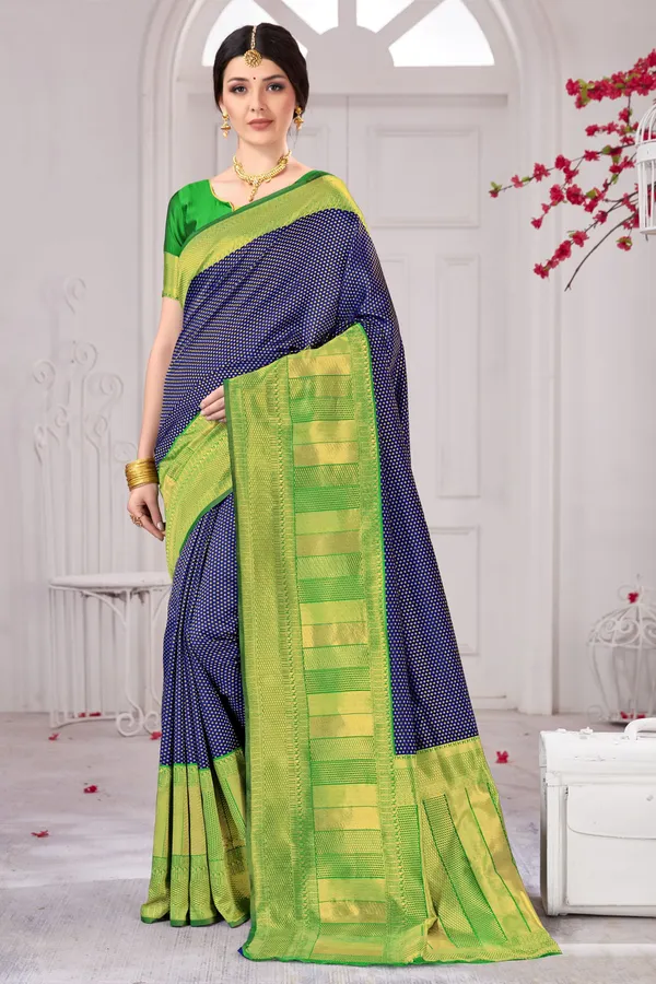 Dark_Blue_Green_Banarasi_Silk_Blend_Jacquard_Woven_Saree_For_Women_|_With_Blouse_Piece